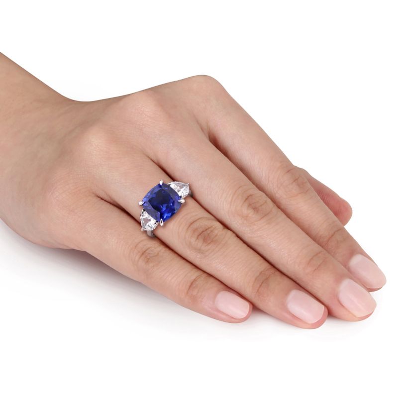 Lab Created Created Blue Sapphire & Created White Sapphire 3-Stone Ring in Sterling Silver