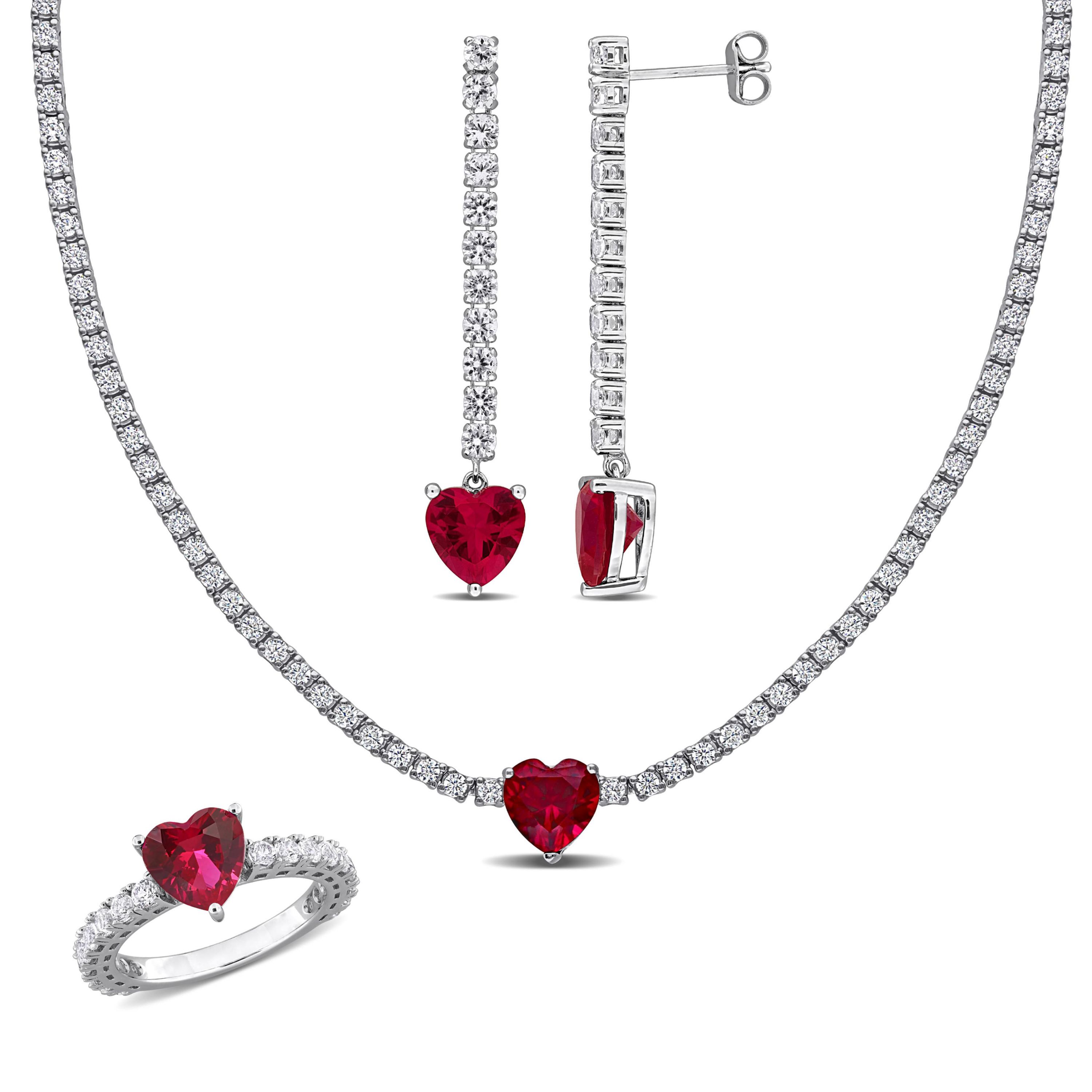 Lab Created Created Ruby & White Sapphire Heart Drop Earrings, Heart Tennis Necklace & Heart Solitaire Ring Set in Sterling Silver