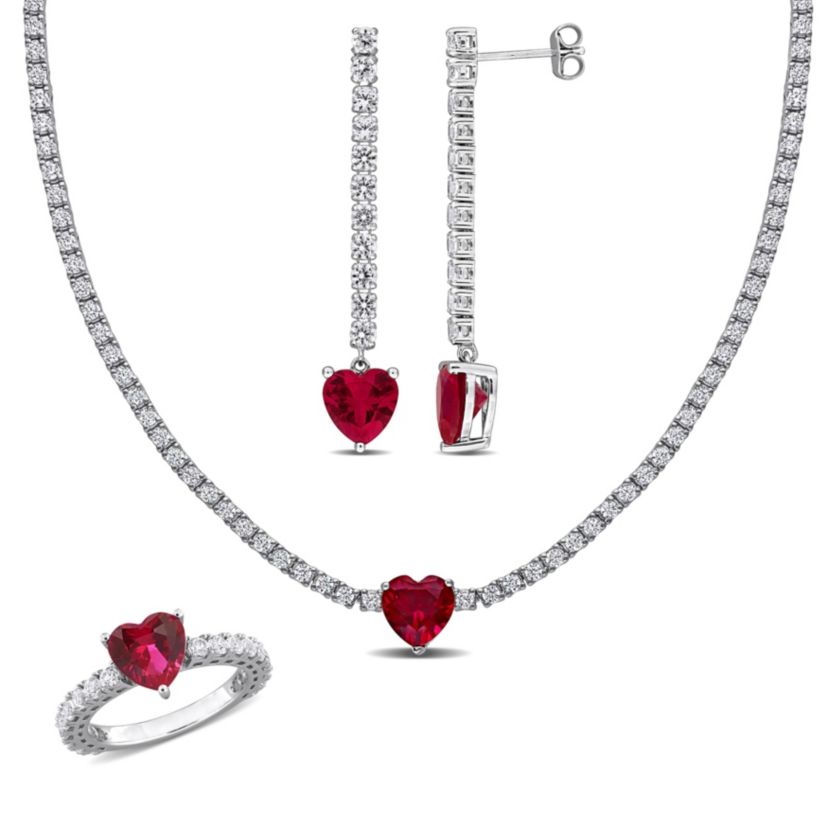 Lab Created Created Ruby & White Sapphire Heart Drop Earrings, Heart Tennis Necklace & Heart Solitaire Ring Set in Sterling Silver