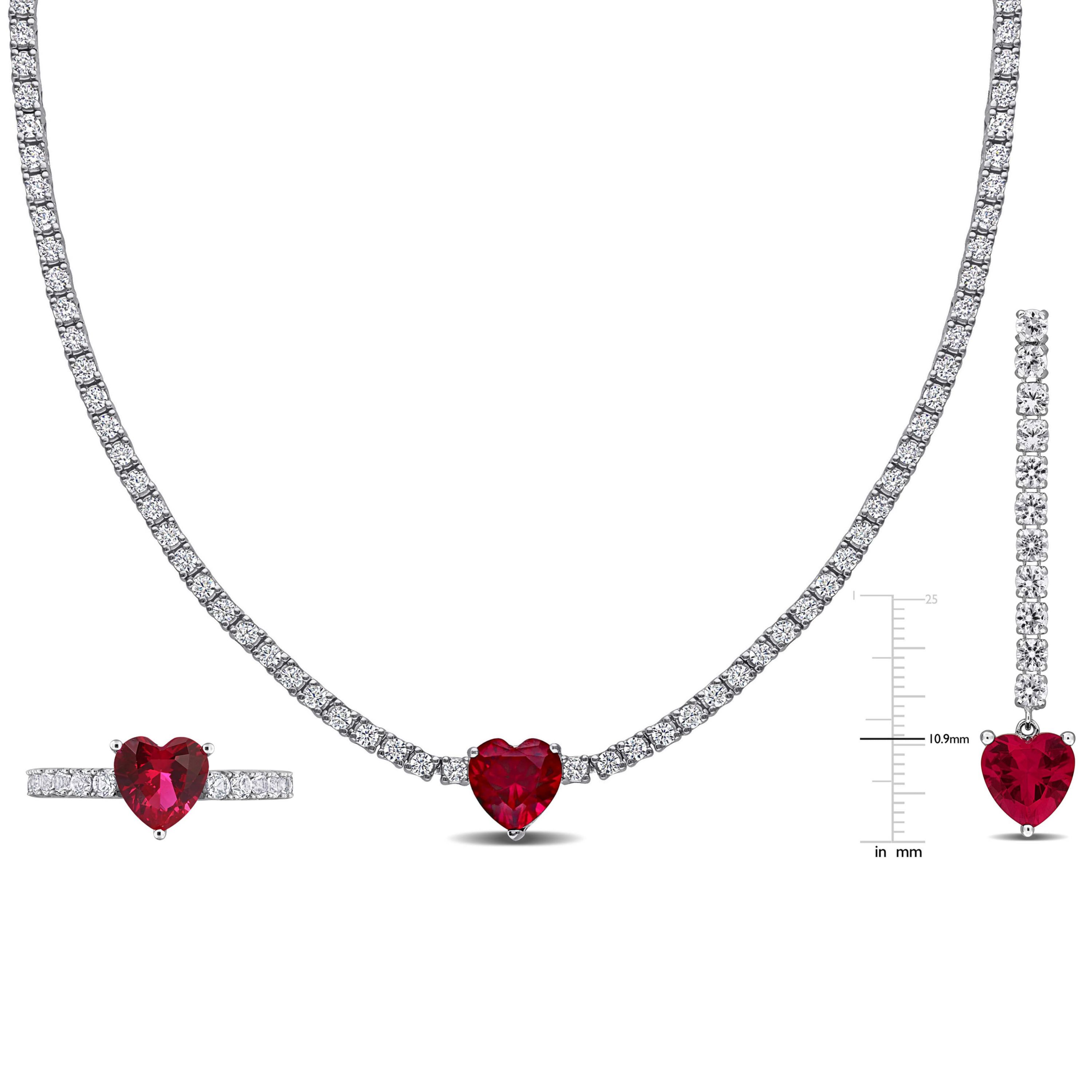 Lab Created Created Ruby & White Sapphire Heart Drop Earrings, Heart Tennis Necklace & Heart Solitaire Ring Set in Sterling Silver