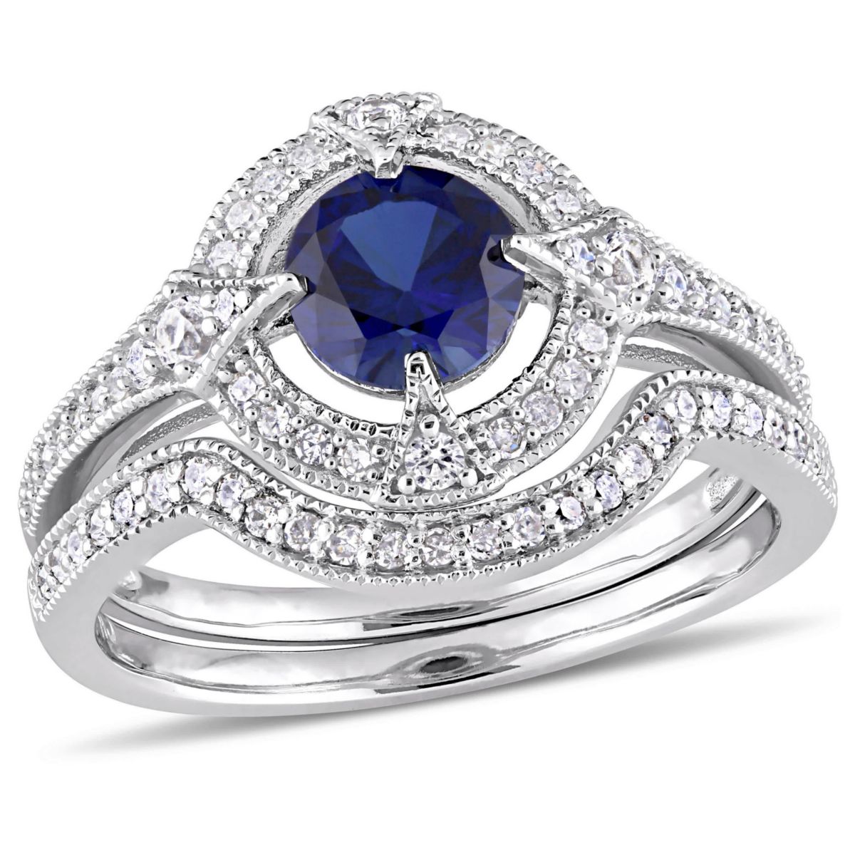 Lab Created Created Blue & White Sapphire & Diamond Bridal Set in Sterling Silver