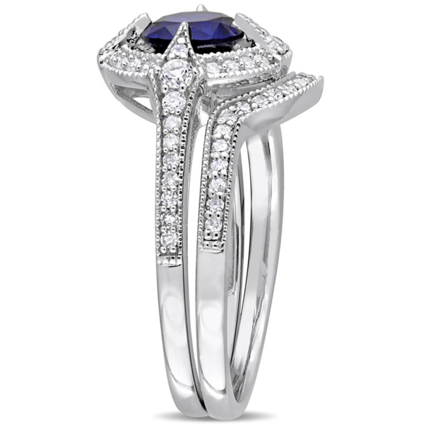 Lab Created Created Blue & White Sapphire & Diamond Bridal Set in Sterling Silver