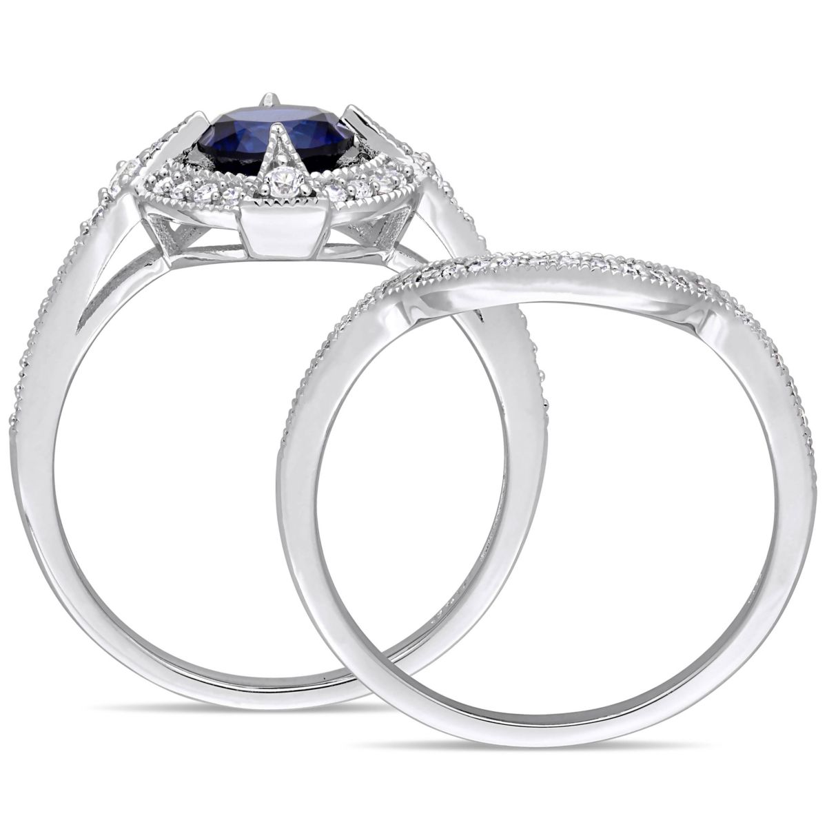 Lab Created Created Blue & White Sapphire & Diamond Bridal Set in Sterling Silver