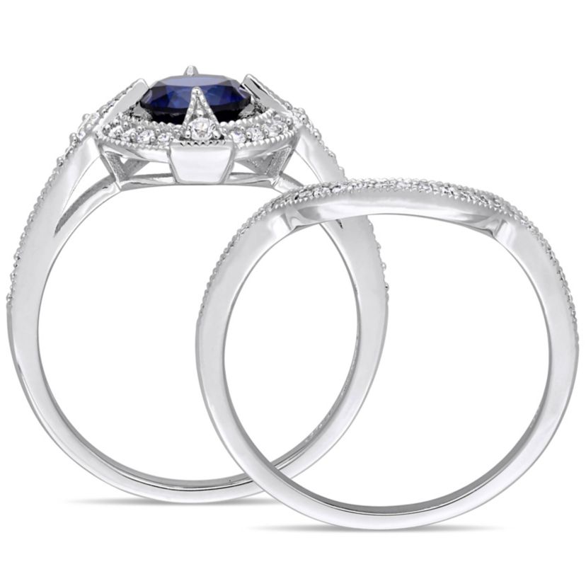 Lab Created Created Blue & White Sapphire & Diamond Bridal Set in Sterling Silver