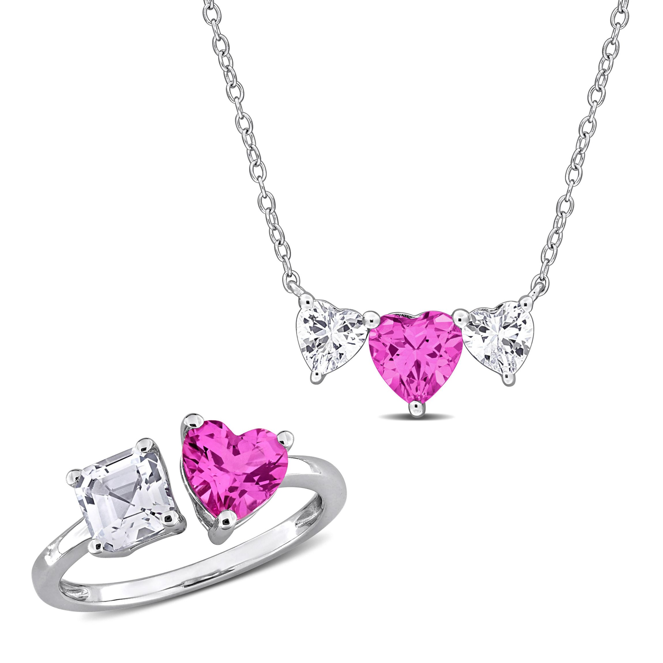 Lab Created Created Pink & White Sapphire Open Heart Ring & Triple-Heart Necklace Set in Sterling Silver