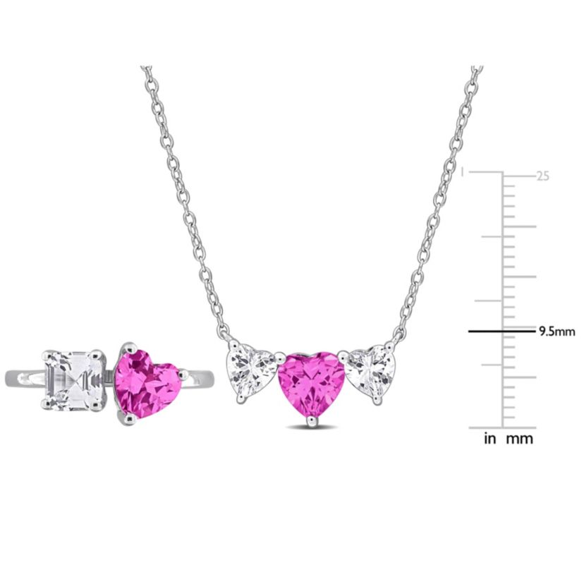 Lab Created Created Pink & White Sapphire Open Heart Ring & Triple-Heart Necklace Set in Sterling Silver