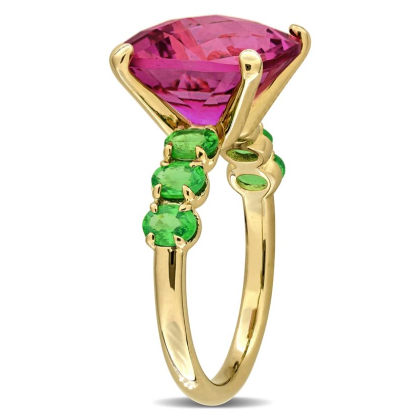 Pink Topaz & Tsavorite Cocktail Ring in Yellow Plated Sterling Silver