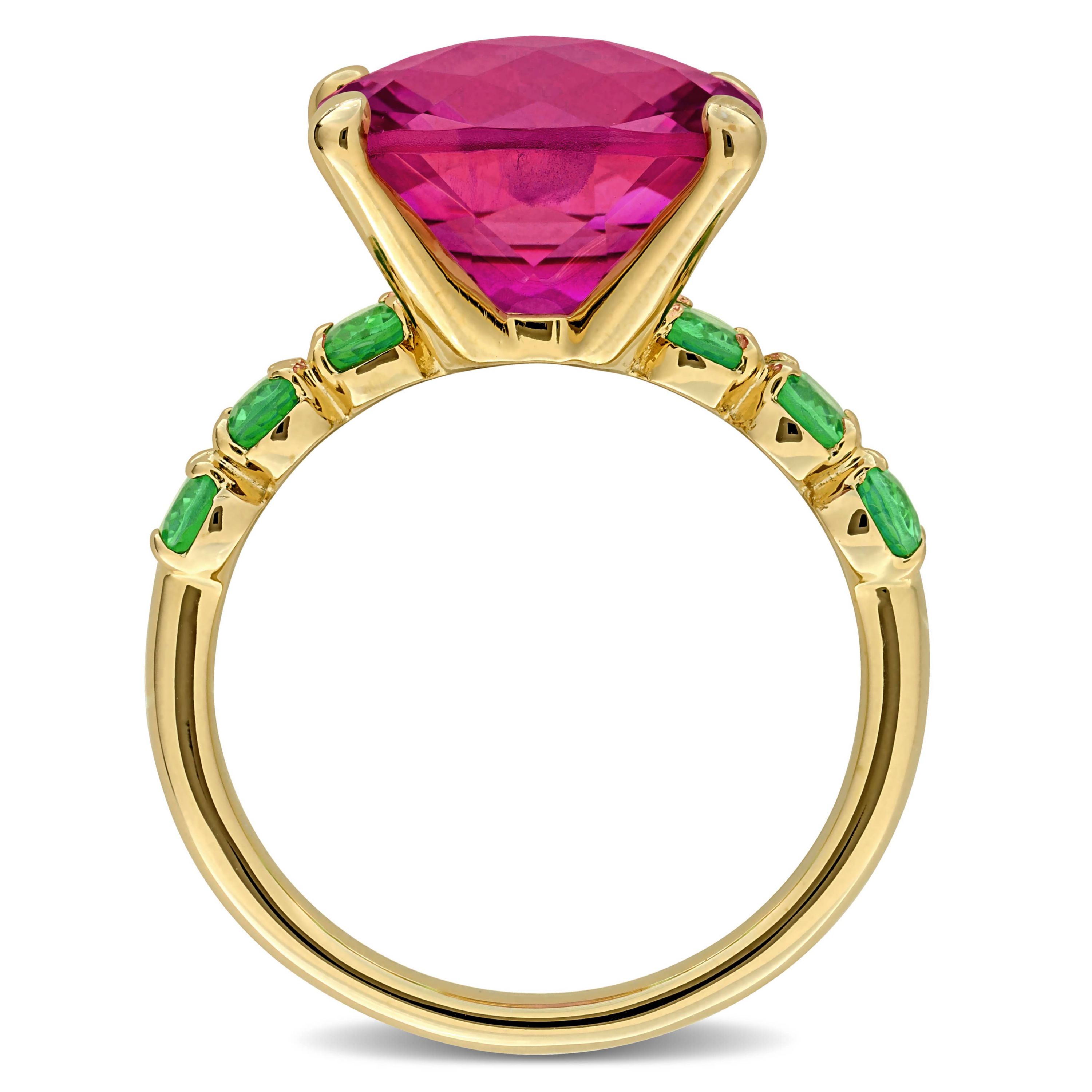 Pink Topaz & Tsavorite Cocktail Ring in Yellow Plated Sterling Silver