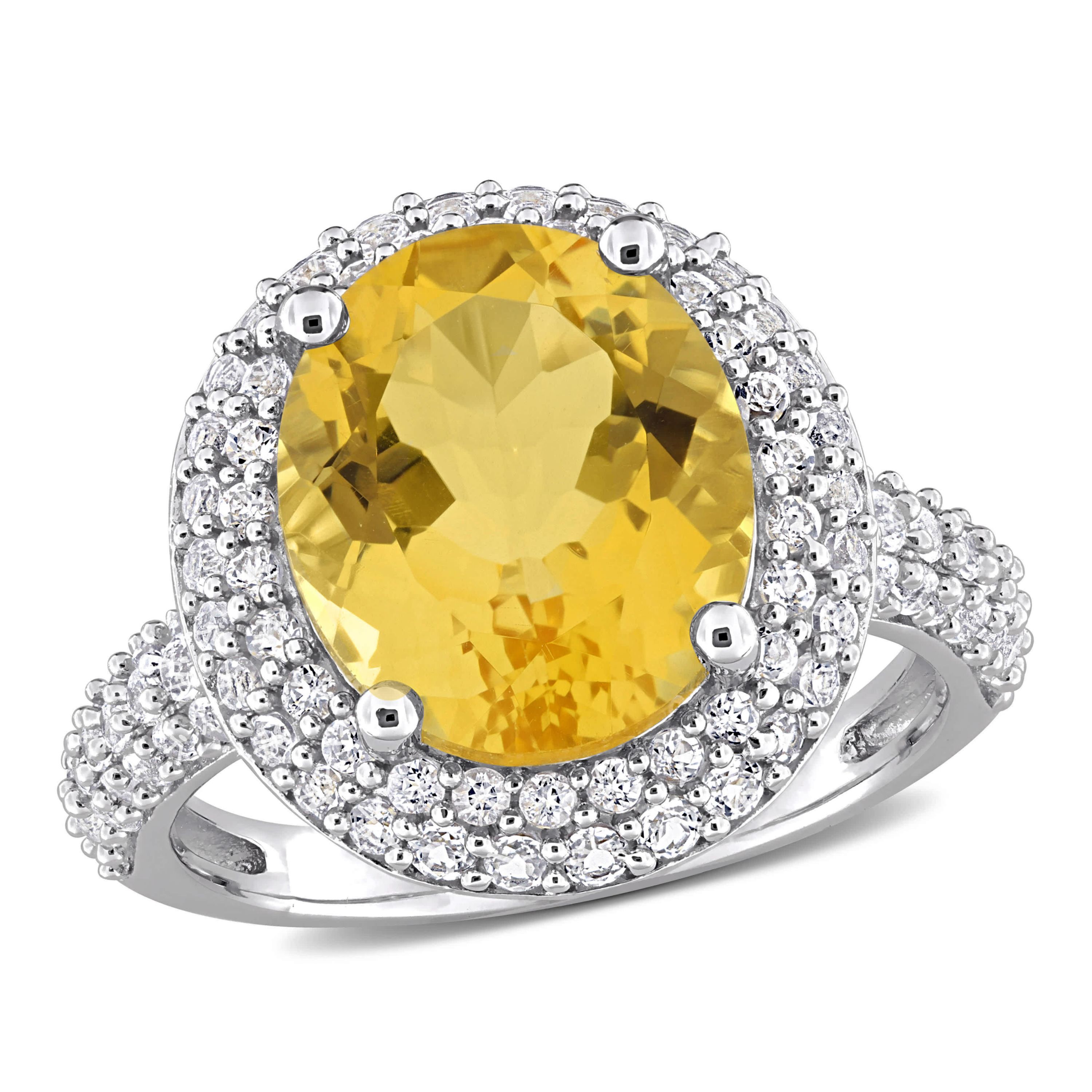 Citrine & White Topaz Double Halo Ring in Sterling Silver