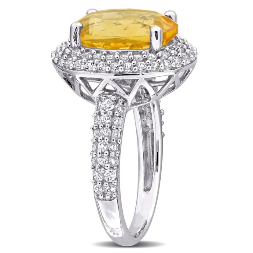 Citrine & White Topaz Double Halo Ring in Sterling Silver
