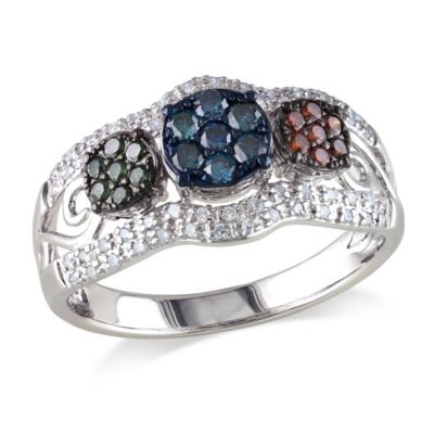 Belk & Co Multi-Color Diamond Cluster Ring in Sterling Silver with Multi-Color Rhodium, White, 4