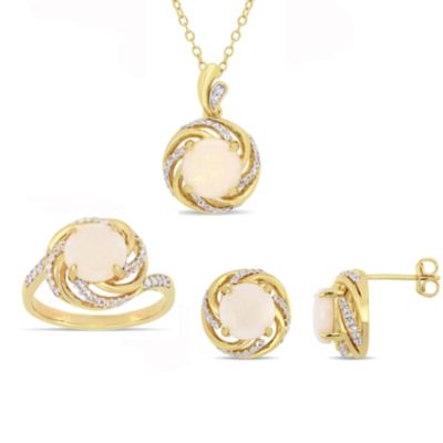 Belk & Co Opal White Topaz & Diamond Accent Swirl Necklace Ring & Stud Earrings Set in Yellow Plated Sterling Silver