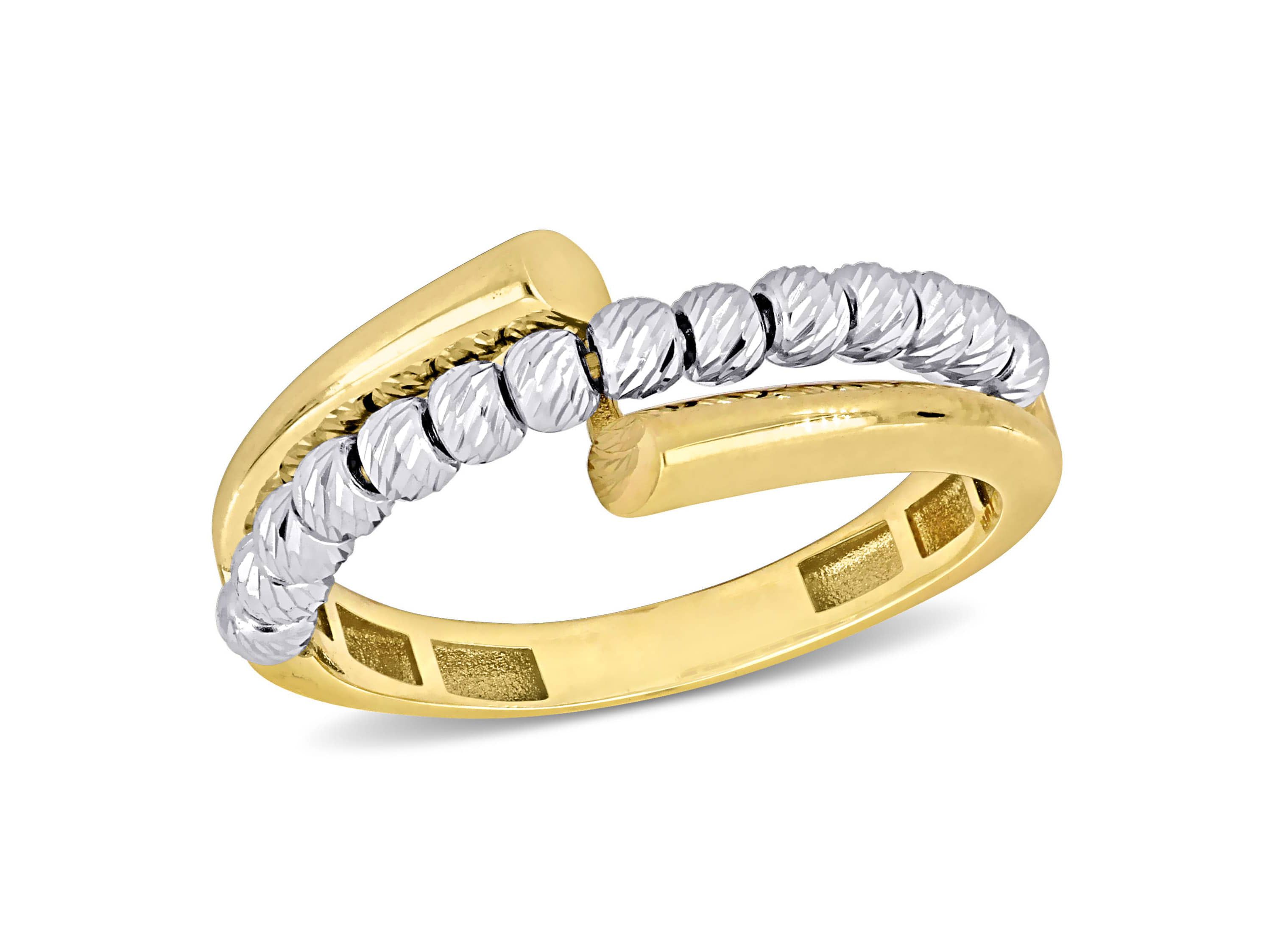 White Beads Fusion Crossover Ring in Two-Tone 14k Yellow and White Gold