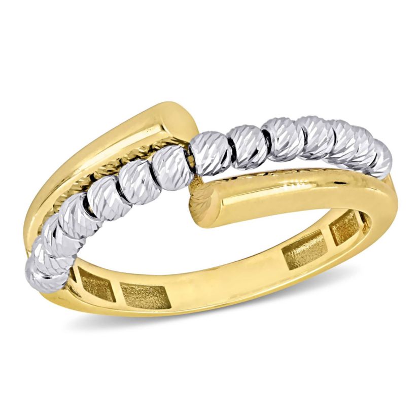 White Beads Fusion Crossover Ring in Two-Tone 14k Yellow and White Gold