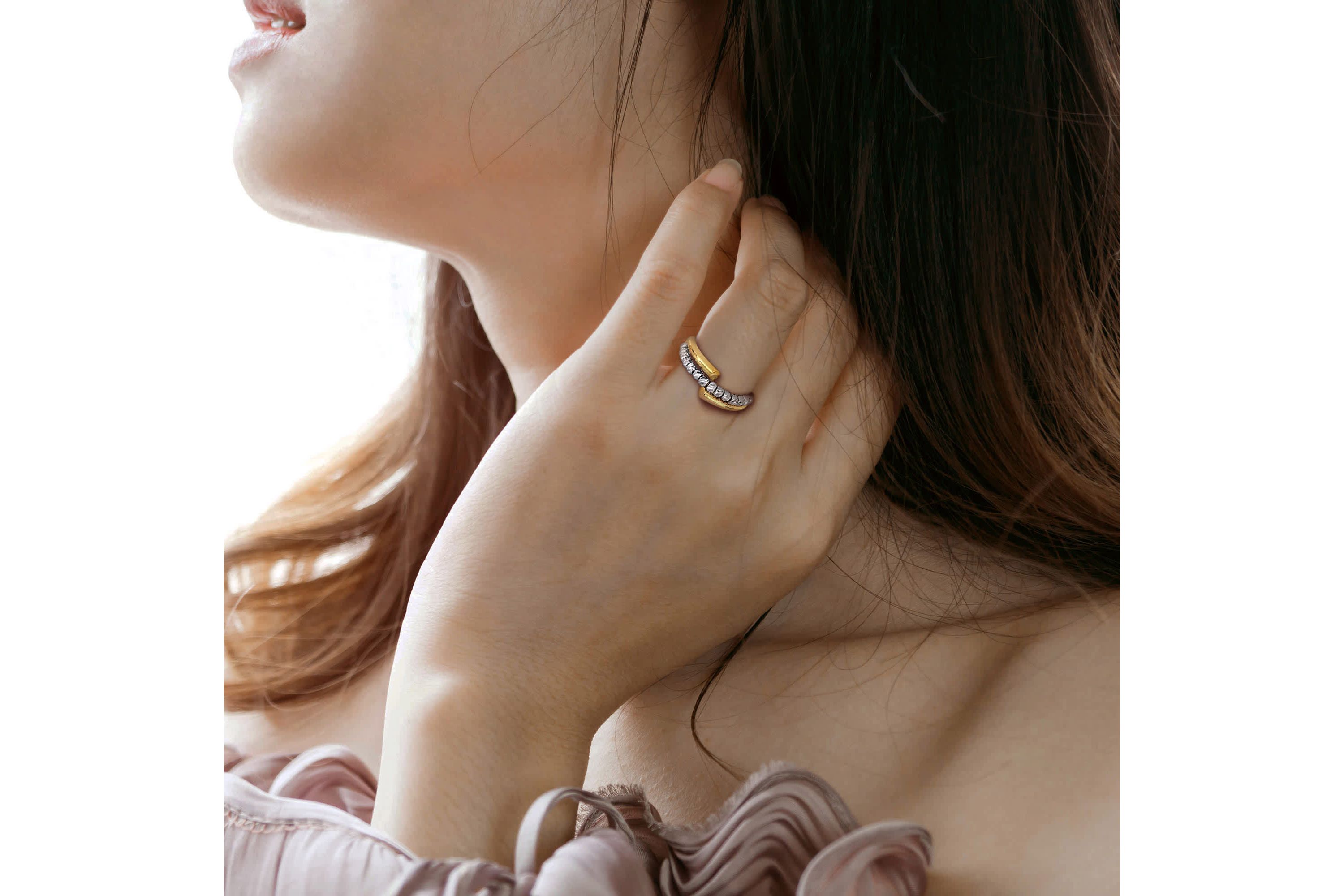White Beads Fusion Crossover Ring in Two-Tone 14k Yellow and White Gold
