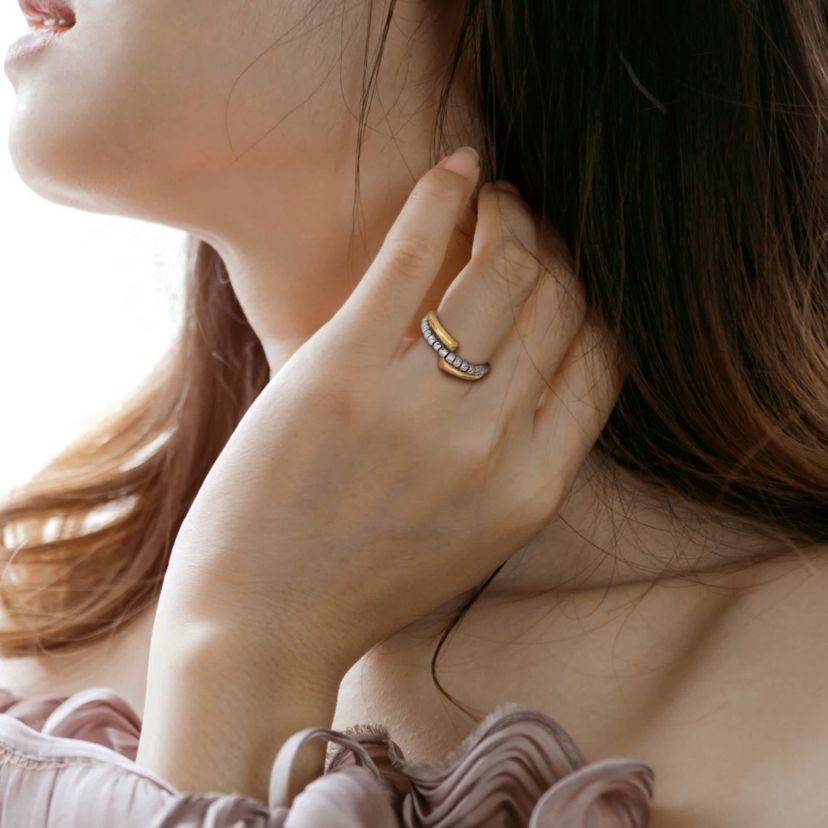 White Beads Fusion Crossover Ring in Two-Tone 14k Yellow and White Gold