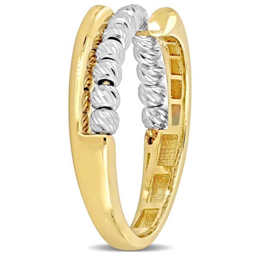White Beads Fusion Crossover Ring in Two-Tone 14k Yellow and White Gold