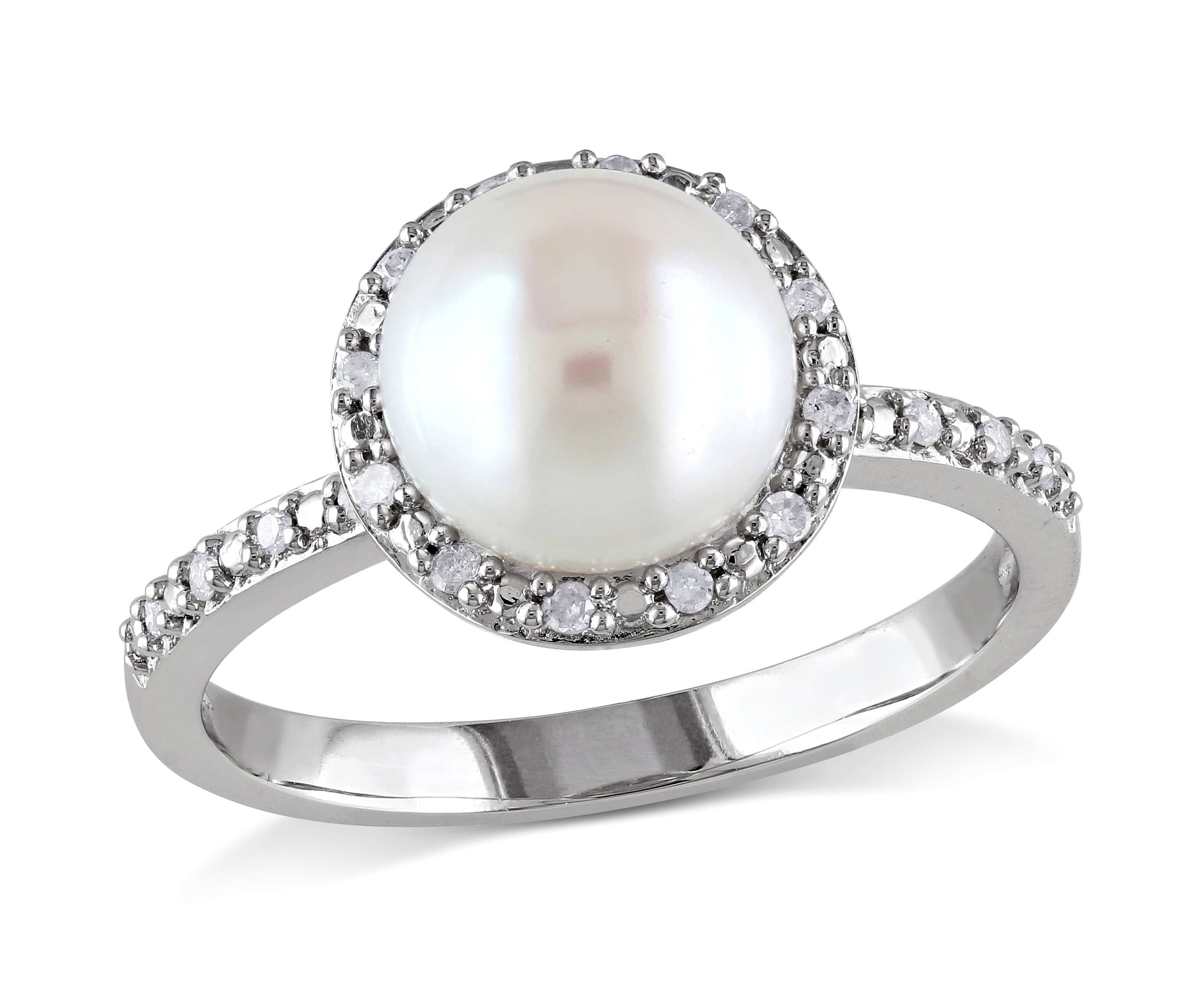 8-8.5mm White Japanese Akoya Cultured Pearl & Diamond Ring in Sterling Silver