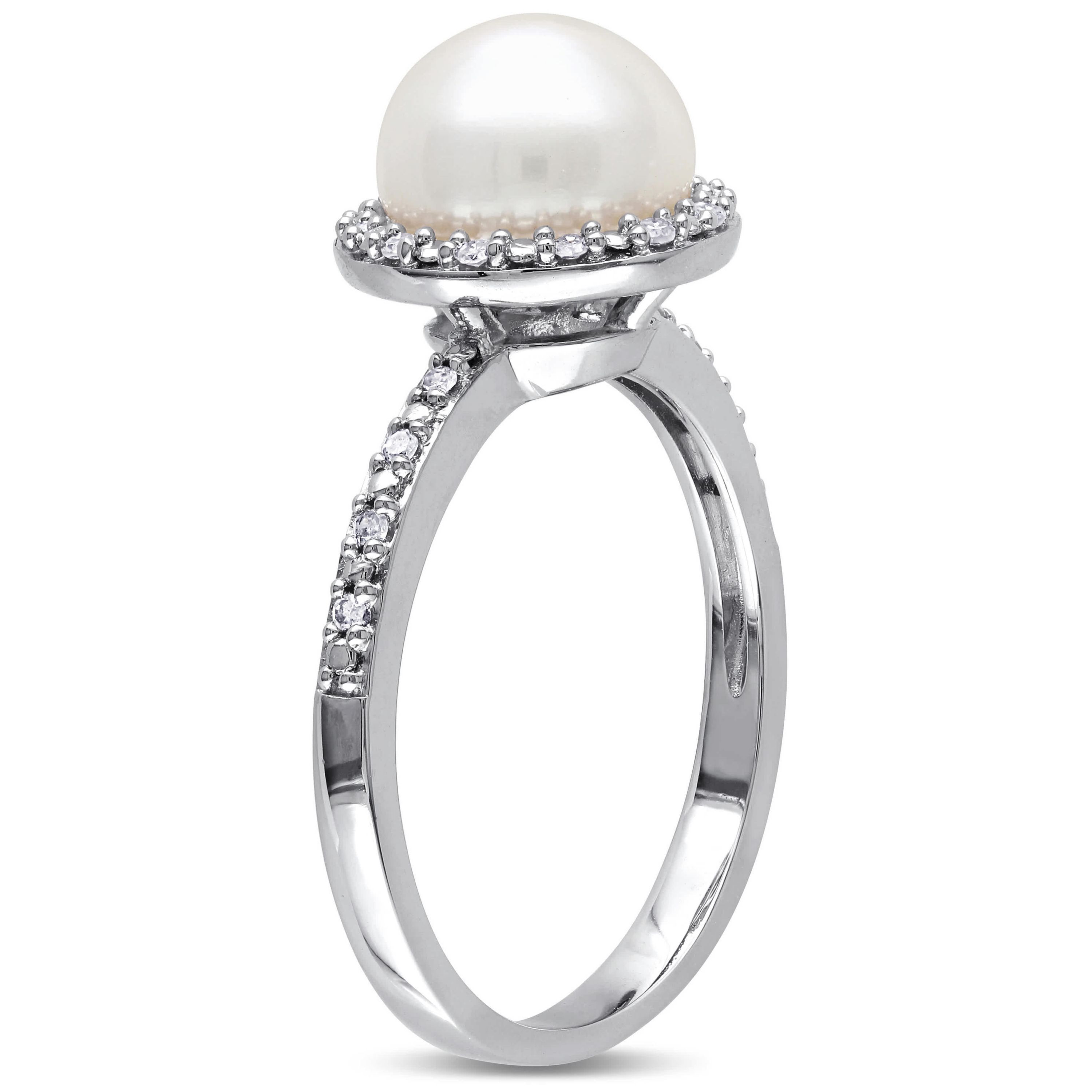 8-8.5mm White Japanese Akoya Cultured Pearl & Diamond Ring in Sterling Silver