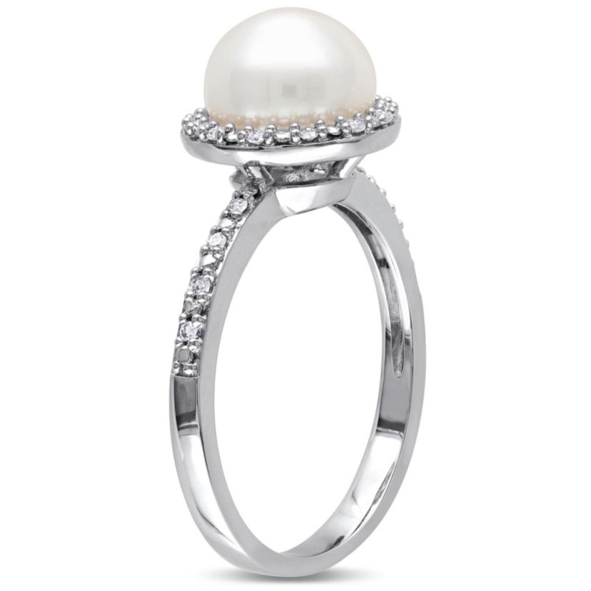 8-8.5mm White Japanese Akoya Cultured Pearl & Diamond Ring in Sterling Silver