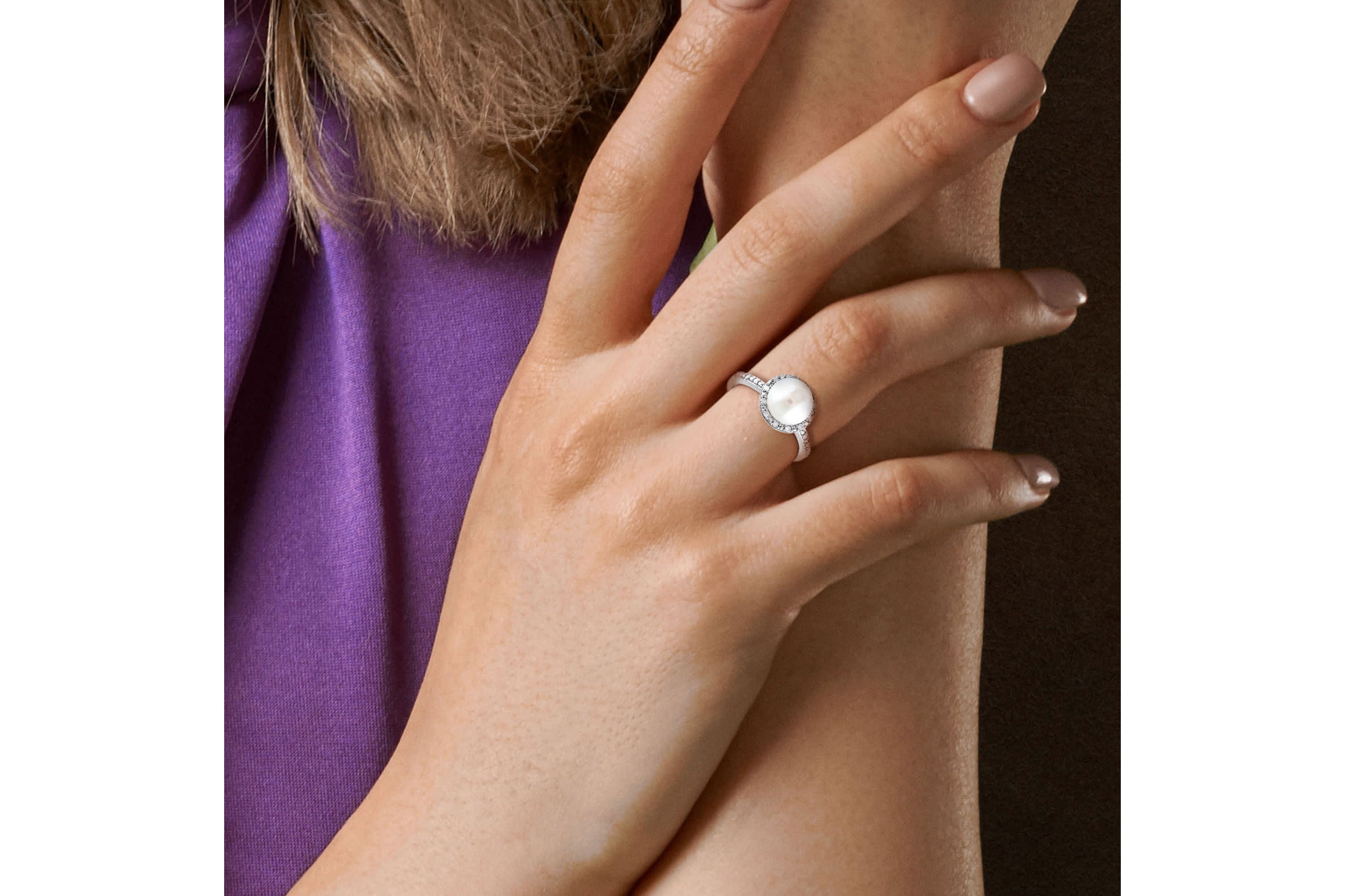 8-8.5mm White Japanese Akoya Cultured Pearl & Diamond Ring in Sterling Silver