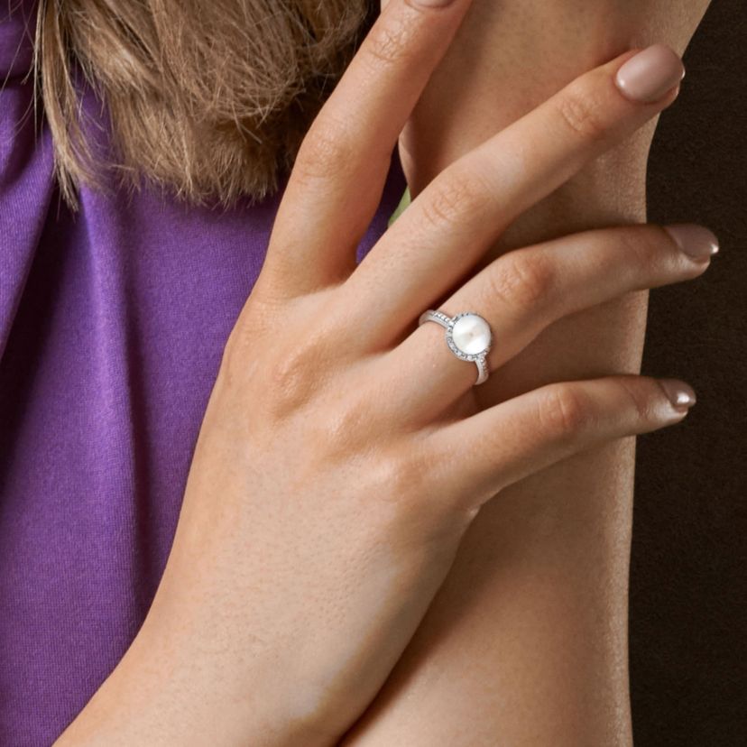 8-8.5mm White Japanese Akoya Cultured Pearl & Diamond Ring in Sterling Silver