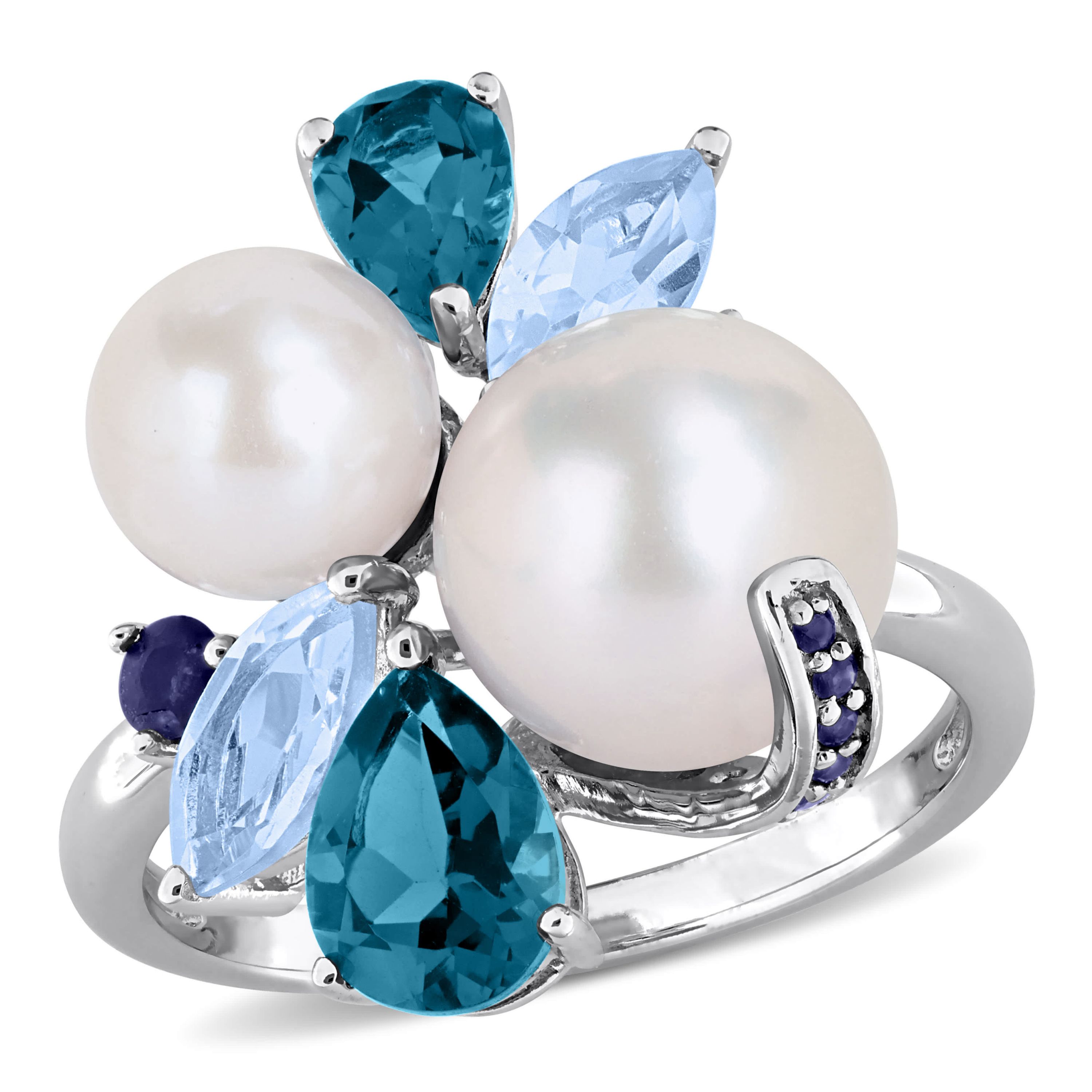 London & Sky Blue Topaz, Sapphire & Freshwater Cultured Pearl Ring in Sterling Silver