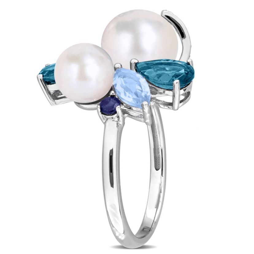 London & Sky Blue Topaz, Sapphire & Freshwater Cultured Pearl Ring in Sterling Silver
