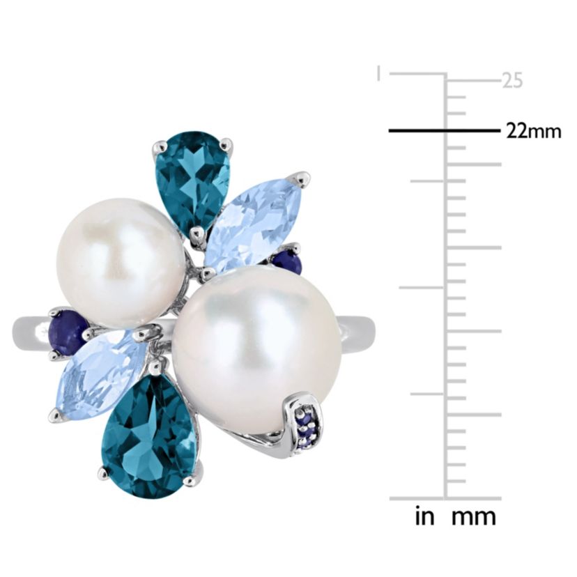 London & Sky Blue Topaz, Sapphire & Freshwater Cultured Pearl Ring in Sterling Silver