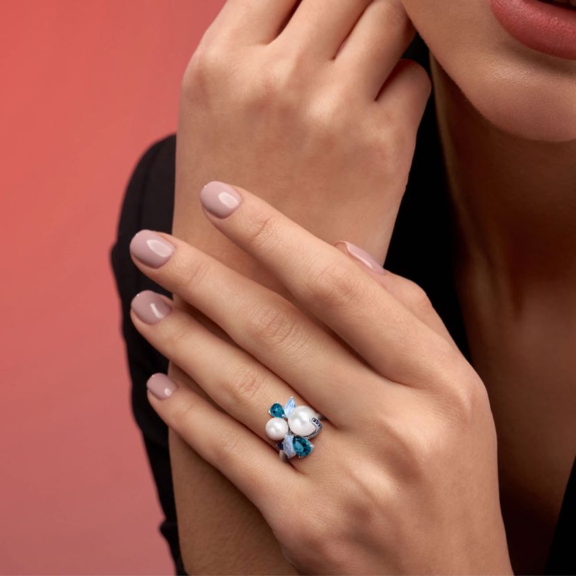 London & Sky Blue Topaz, Sapphire & Freshwater Cultured Pearl Ring in Sterling Silver
