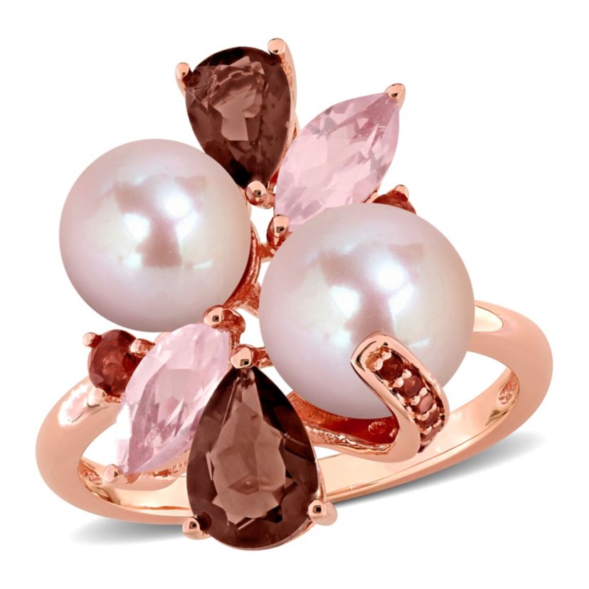 Smokey & Rose Quartz, Garnet & Pink Freshwater Cultured Pearl Ring in Rose Plated Sterling Silver