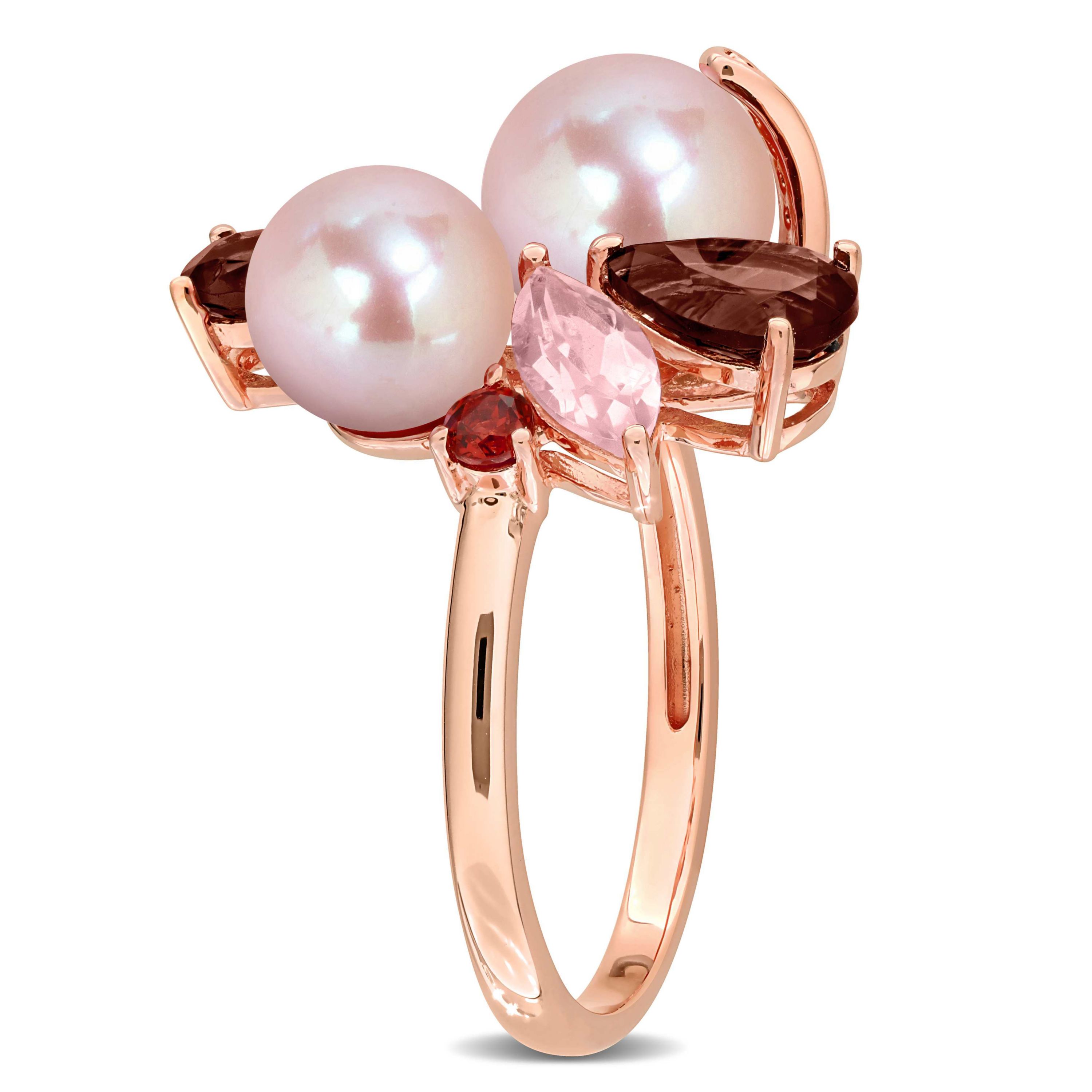 Smokey & Rose Quartz, Garnet & Pink Freshwater Cultured Pearl Ring in Rose Plated Sterling Silver