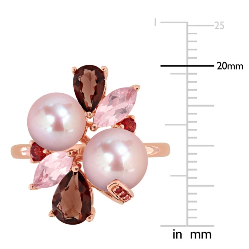 Smokey & Rose Quartz, Garnet & Pink Freshwater Cultured Pearl Ring in Rose Plated Sterling Silver