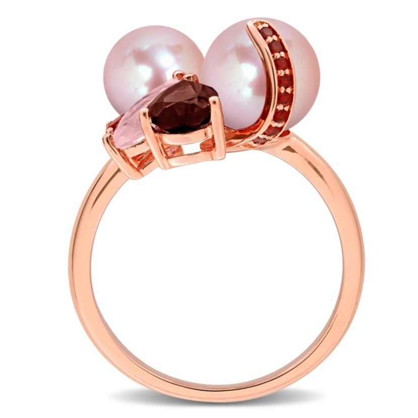 Smokey & Rose Quartz, Garnet & Pink Freshwater Cultured Pearl Ring in Rose Plated Sterling Silver