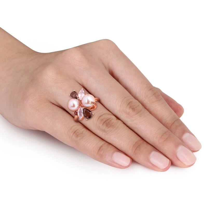 Smokey & Rose Quartz, Garnet & Pink Freshwater Cultured Pearl Ring in Rose Plated Sterling Silver