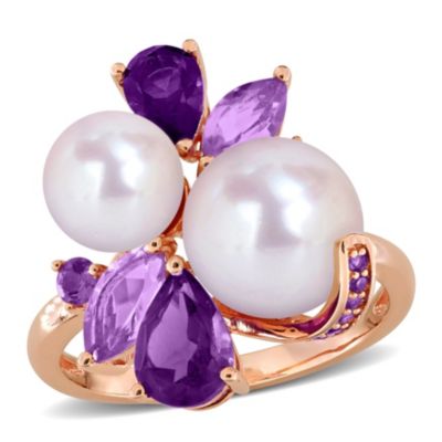 Belk & Co Amethyst-Africa, Rose De France & Freshwater Cultured Pearl Ring in Rose Plated Sterling Silver, Pink, 6