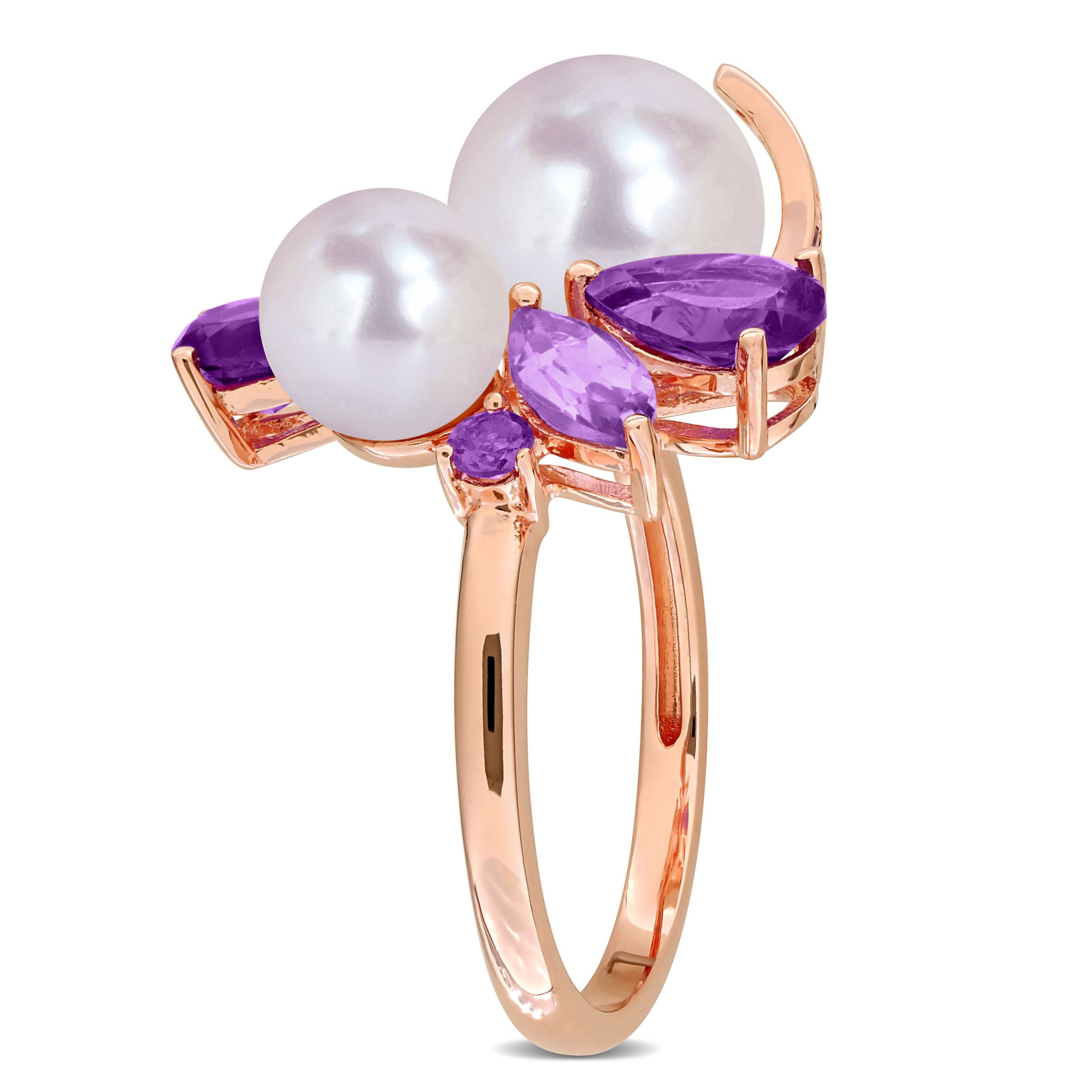 Amethyst-Africa, Rose De France & Freshwater Cultured Pearl Ring in Rose Plated Sterling Silver
