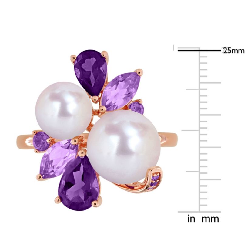Amethyst-Africa, Rose De France & Freshwater Cultured Pearl Ring in Rose Plated Sterling Silver