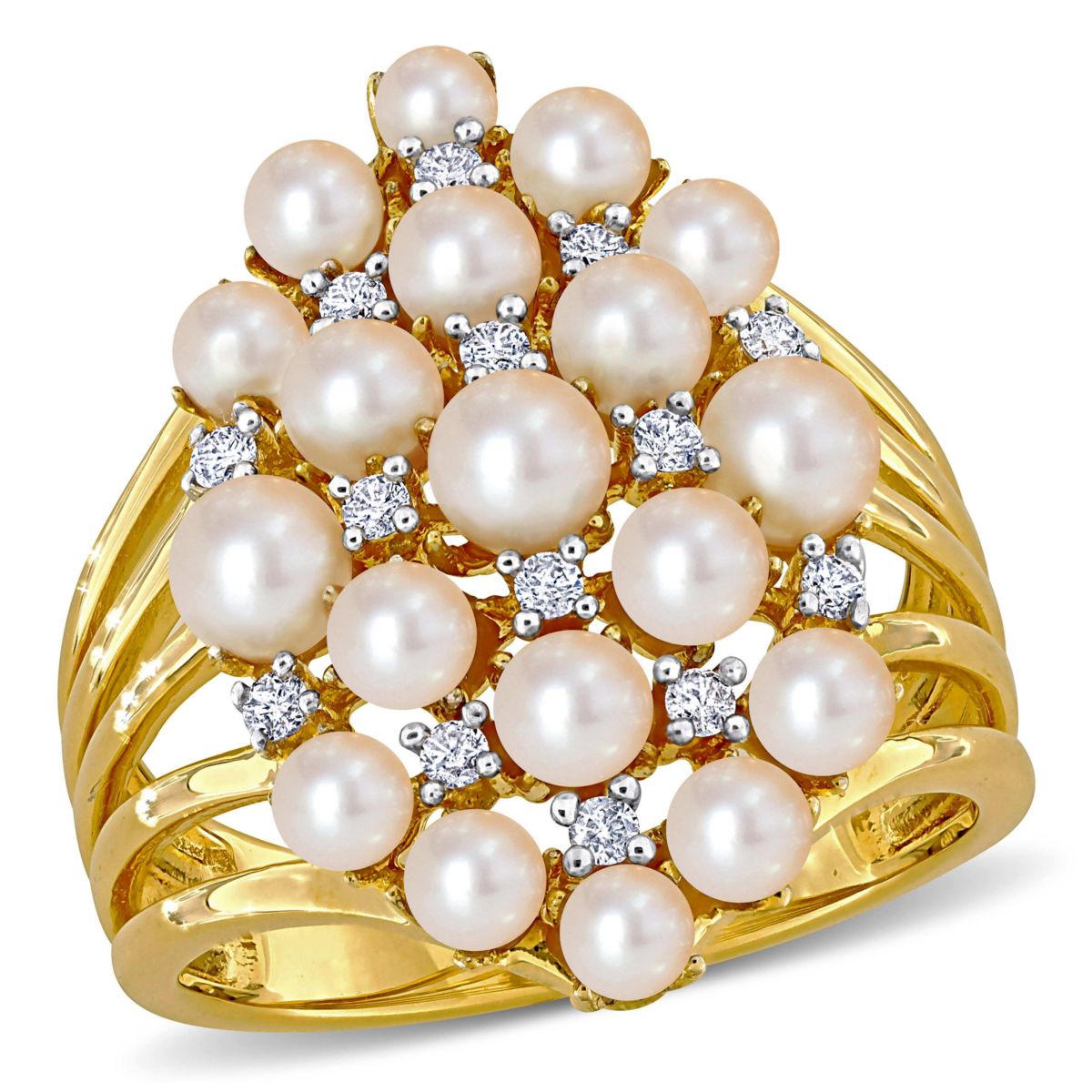 Diamond & Freshwater Cultured Pearl Ring in Yellow Plated Sterling Silver