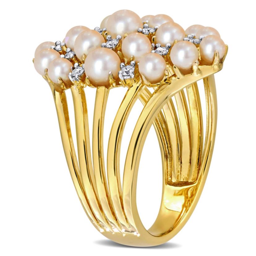 Diamond & Freshwater Cultured Pearl Ring in Yellow Plated Sterling Silver
