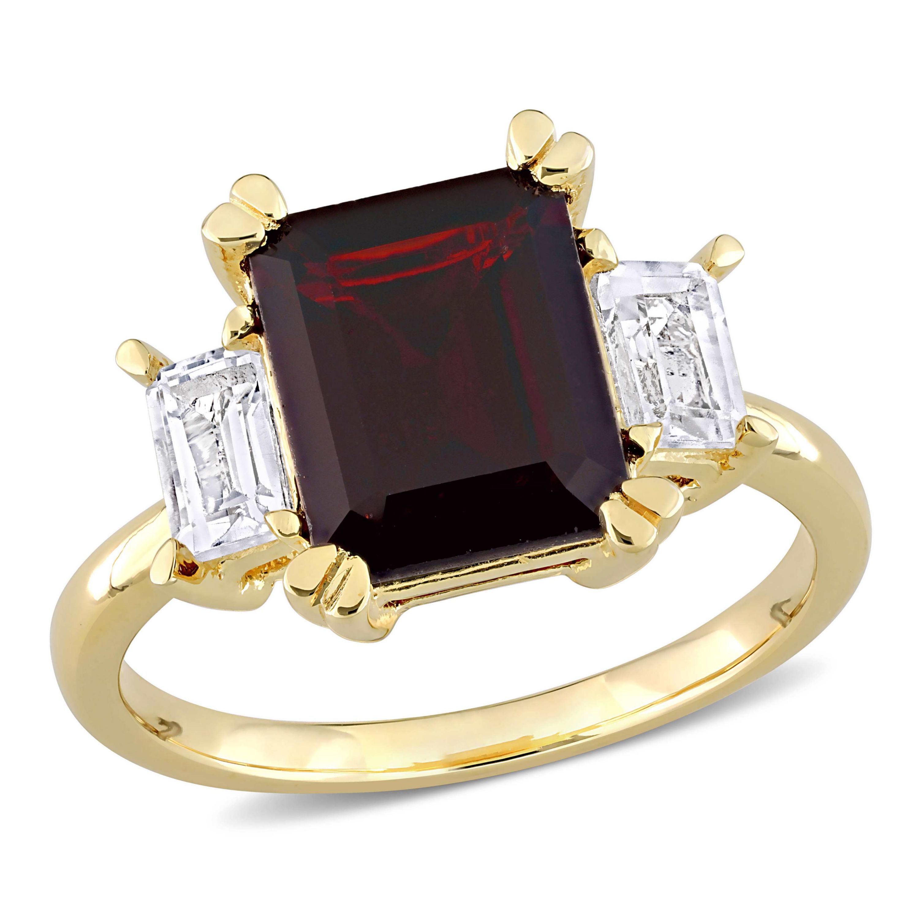 Garnet & White Topaz Ring in Yellow Plated Sterling Silver