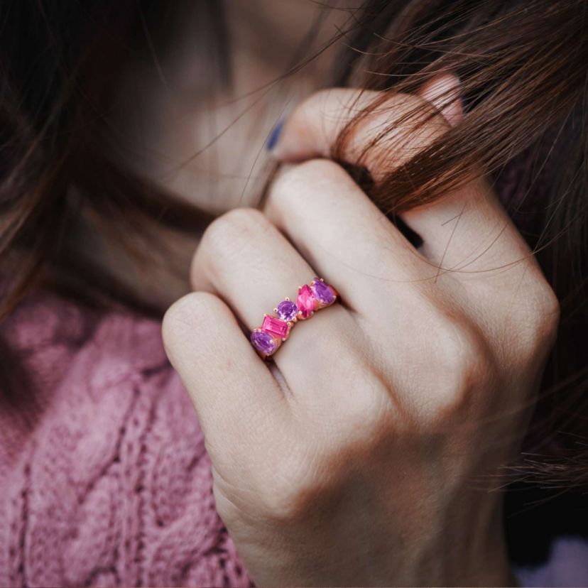 Amethyst & Pink Topaz Ring in Rose Plated Sterling Silver