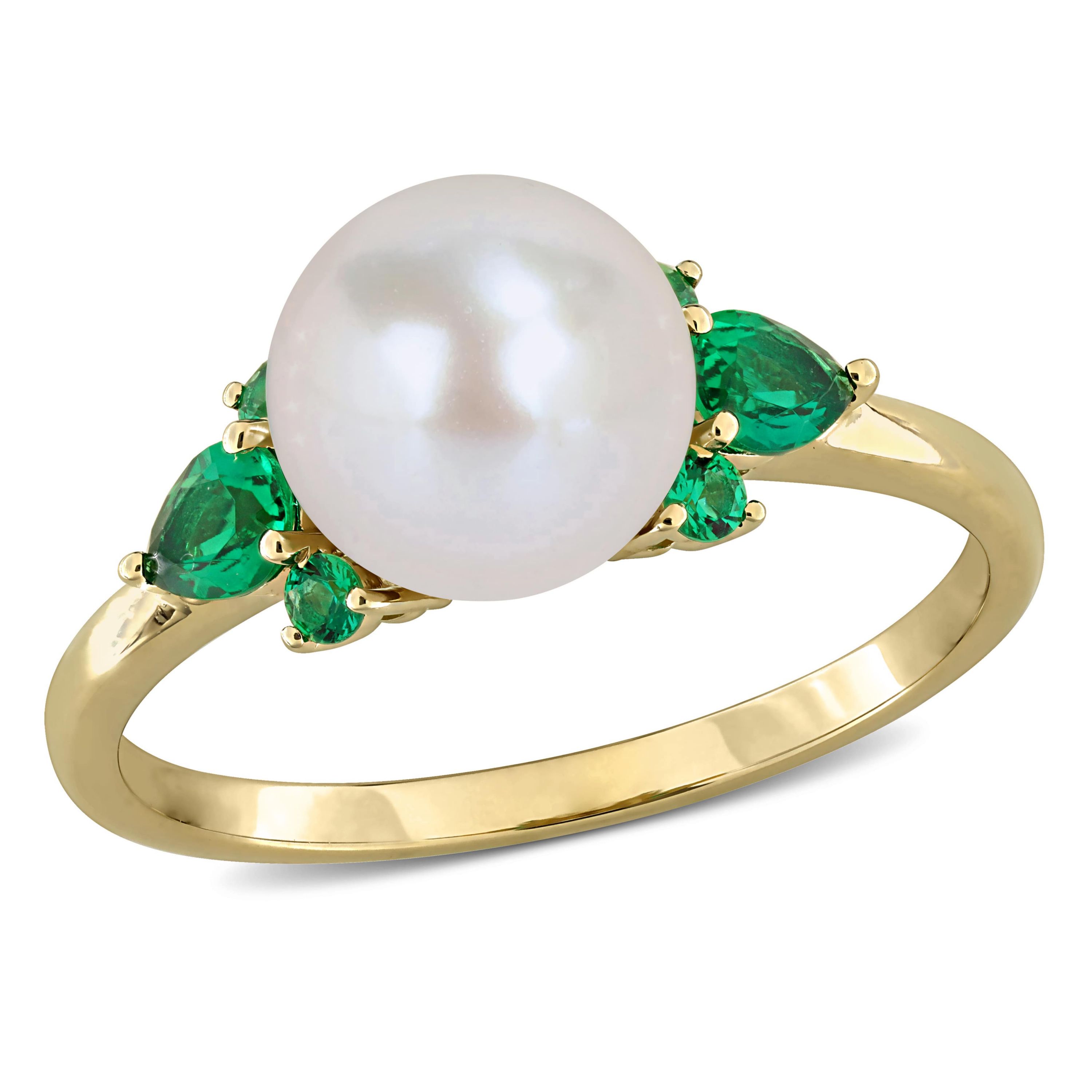 Lab Created Created Emerald & 8-8.5mm Freshwater Cultured Pearl Ring in 14K Yellow Gold