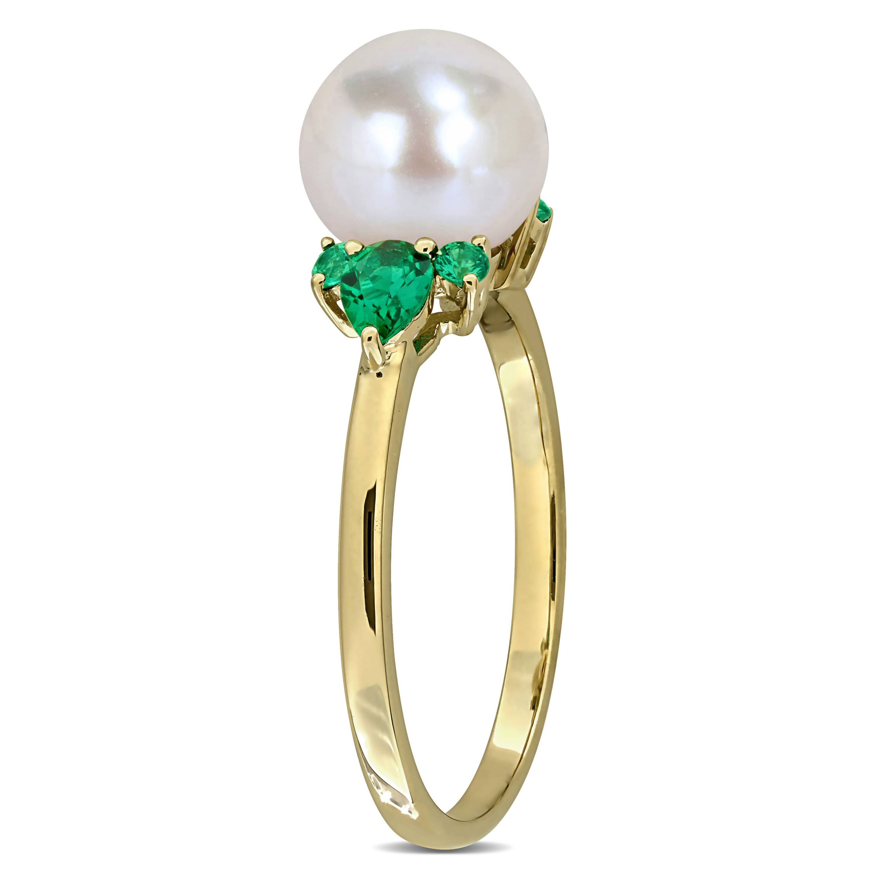 Lab Created Created Emerald & 8-8.5mm Freshwater Cultured Pearl Ring in 14K Yellow Gold