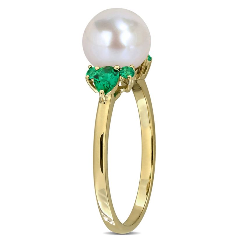 Lab Created Created Emerald & 8-8.5mm Freshwater Cultured Pearl Ring in 14K Yellow Gold