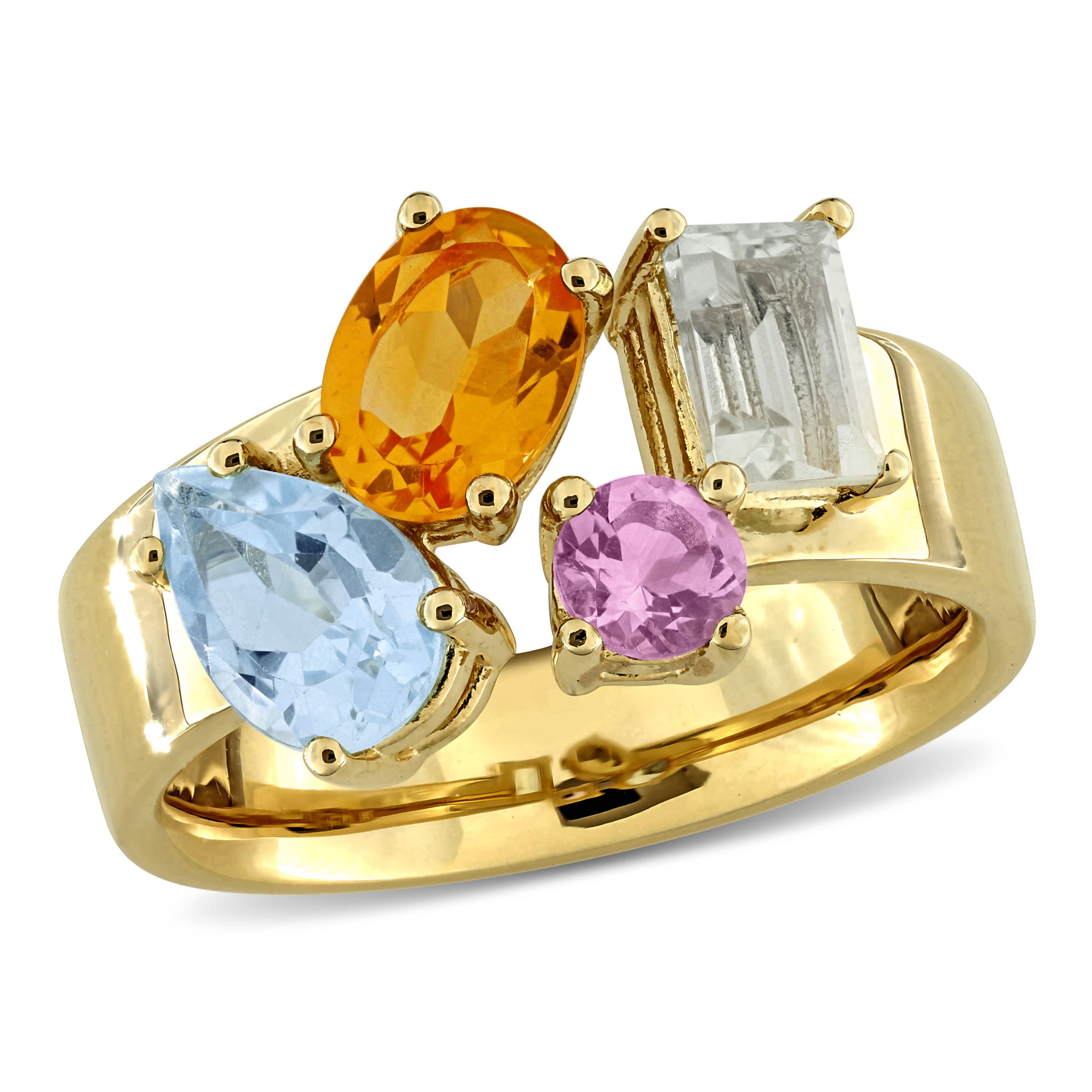Madeira Citrine, Sky Blue Topaz, Pink Amethyst & Green Quartz Ring in Yellow Plated Sterling Silver