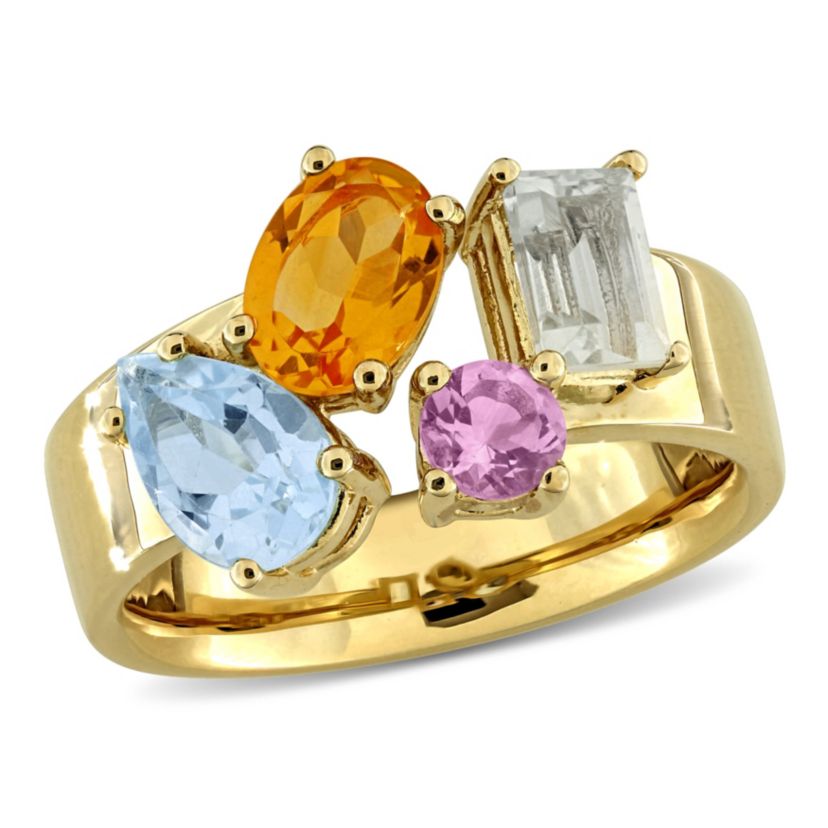 Madeira Citrine, Sky Blue Topaz, Pink Amethyst & Green Quartz Ring in Yellow Plated Sterling Silver