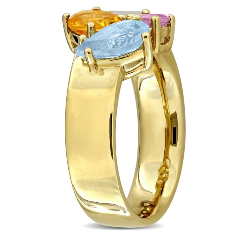 Madeira Citrine, Sky Blue Topaz, Pink Amethyst & Green Quartz Ring in Yellow Plated Sterling Silver
