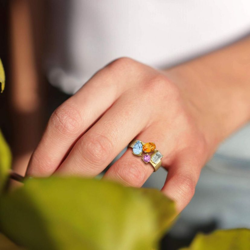 Madeira Citrine, Sky Blue Topaz, Pink Amethyst & Green Quartz Ring in Yellow Plated Sterling Silver