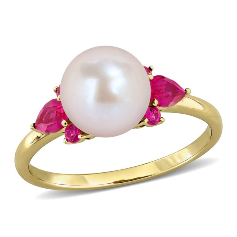 Lab Created Created Ruby & 8-8.5mm Freshwater Cultured Pearl Ring in 14K Yellow Gold